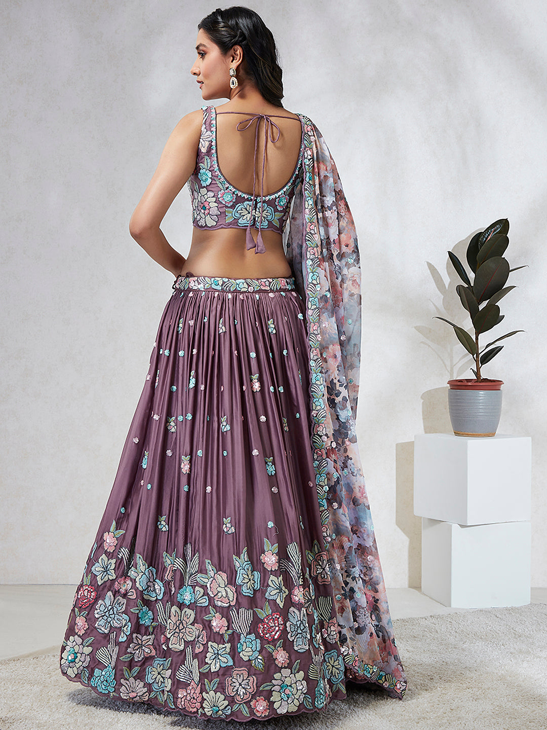 House of Panchhi Lavender Georgette Sequins And Thread Embroidery Lehenga Choli & Dupatta | Grocsy