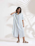 trueBrowns White Cotton Multi Stripe Shirt Dress | Grocsy