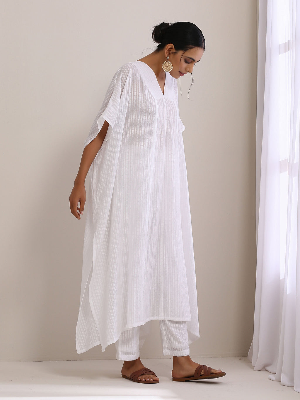 trueBrowns White Dobby Panel Kaftan Kurta Pant Set | Grocsy