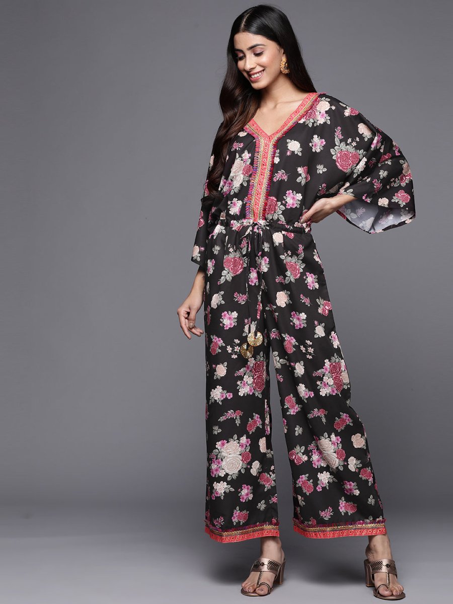 Ahalyaa Printed Crepe Basic Jumpsuit With Lace Inserts | Grocsy