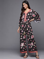 Ahalyaa Printed Crepe Basic Jumpsuit With Lace Inserts | Grocsy