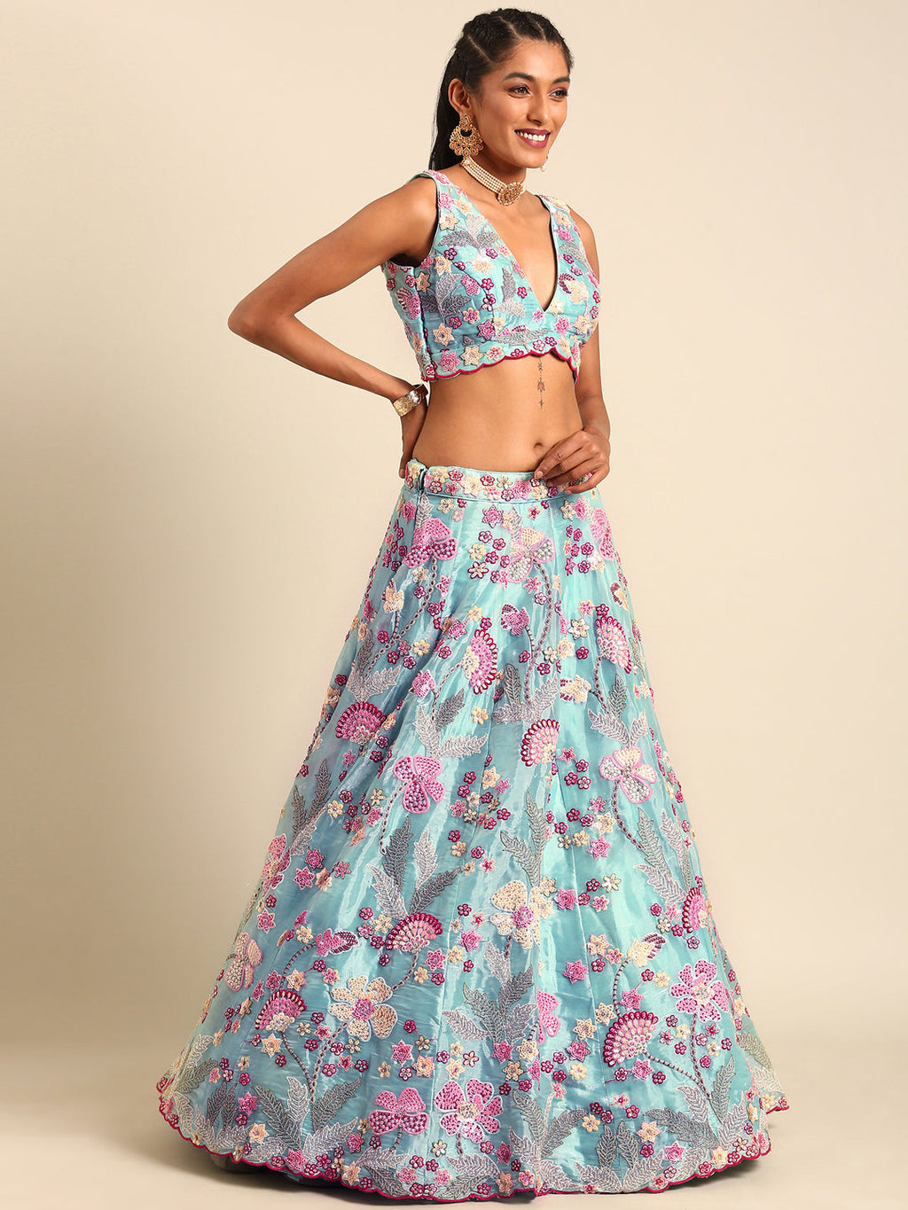 House of Panchhi Turquoise Blue Organza Sequins And Zarkan Embroidery Lehenga Choli & Dupatta | Grocsy