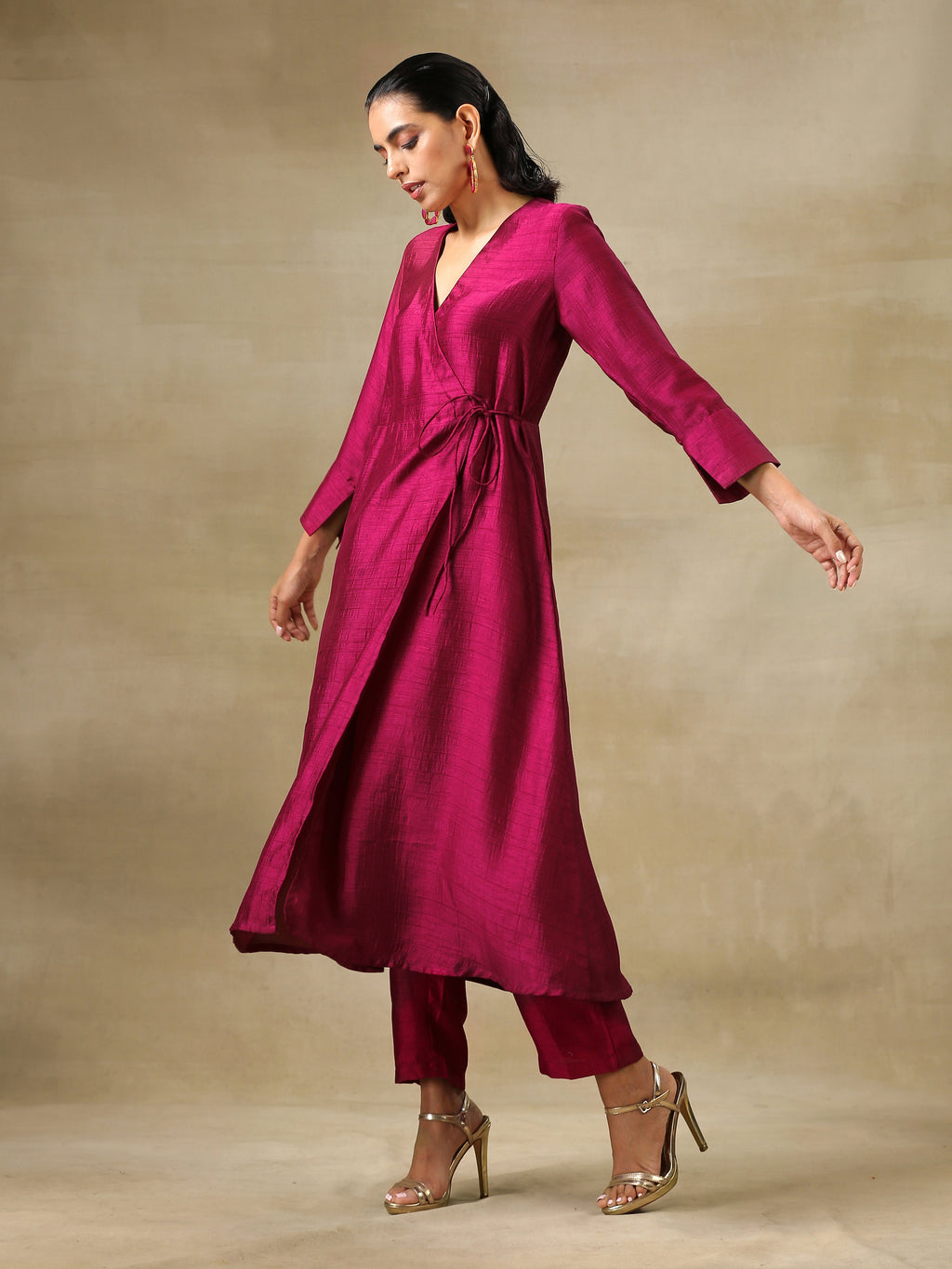 trueBrowns Purple Textured Silk Angrakha Kurta Pant Set | Grocsy