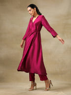 trueBrowns Purple Textured Silk Angrakha Kurta Pant Set | Grocsy