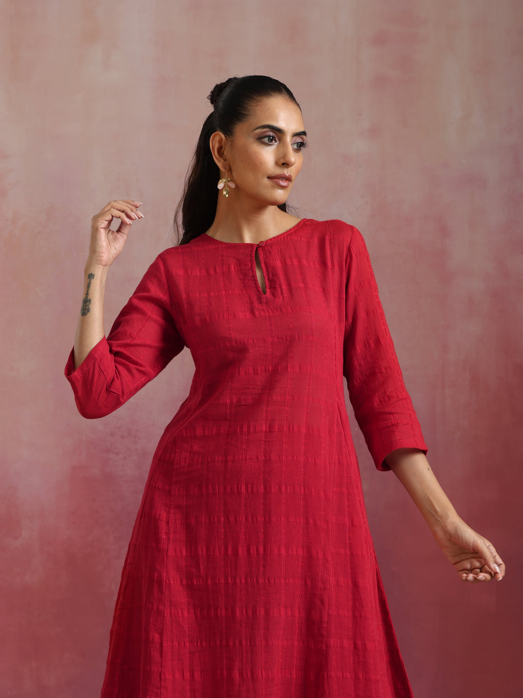 trueBrowns Red Cotton Dobby Flared Kurta Set | Grocsy