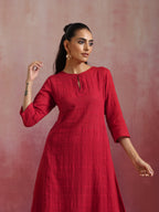 trueBrowns Red Cotton Dobby Flared Kurta Set | Grocsy