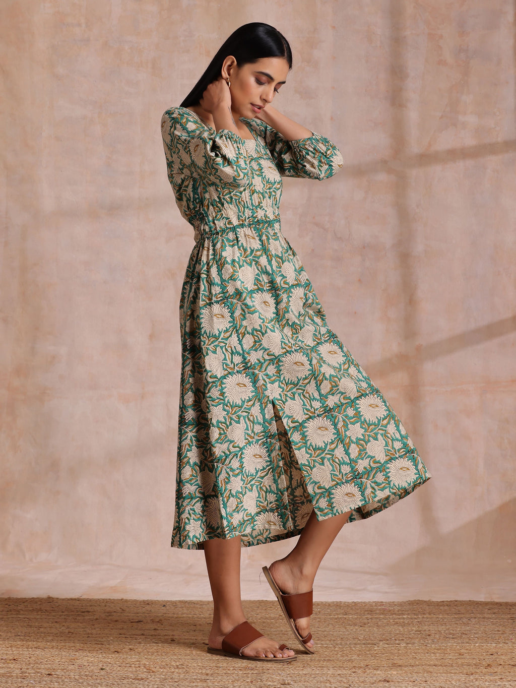 trueBrowns Fern Green Overall Floral Block Print Cotton Square Neck Dress | Grocsy