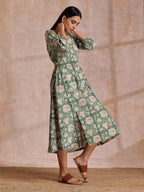trueBrowns Fern Green Overall Floral Block Print Cotton Square Neck Dress | Grocsy