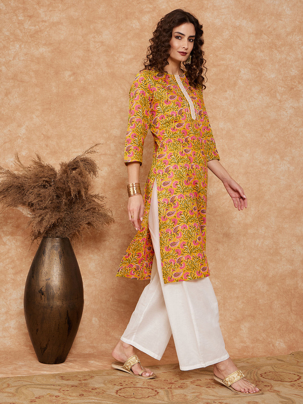InWeave Women's Mustard Green Lace Gota Work Straight Kurta | Grocsy