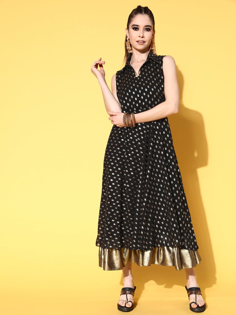 Ahalyaa Black Georgette Ethnic Motifs Printed Shirt-Collar Midi Fit & Flare Ethnic Dress | Grocsy