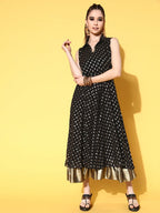 Ahalyaa Black Georgette Ethnic Motifs Printed Shirt-Collar Midi Fit & Flare Ethnic Dress | Grocsy