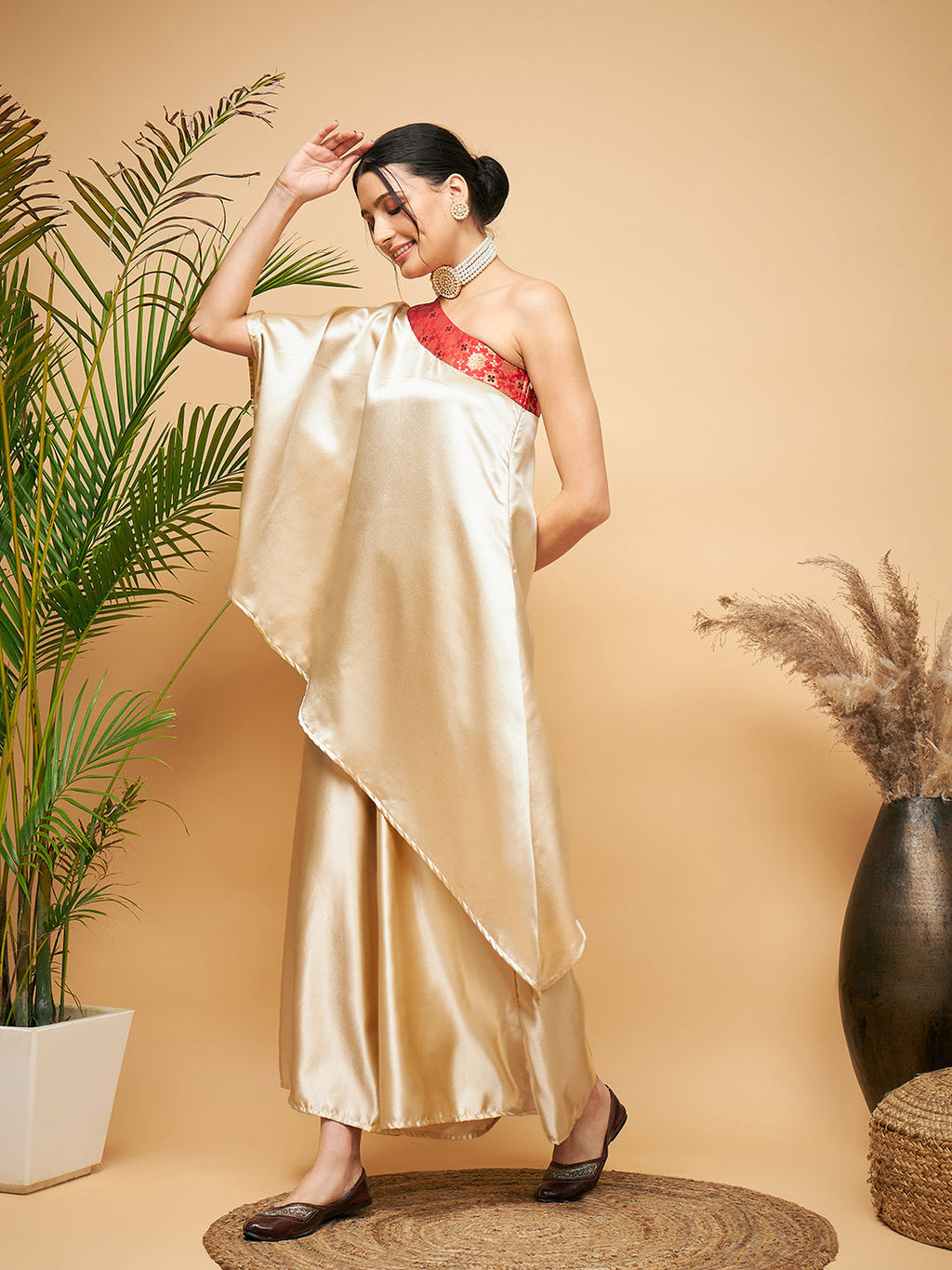 InWeave Women's Beige Red Brocade Oneshoulder Top Satin W Palazzo Set | Grocsy