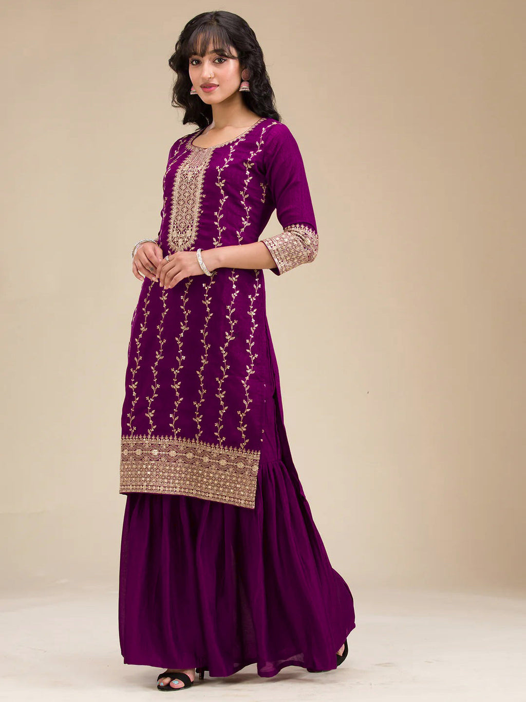 The52 Beautiful Embroidered Vichitra Silk Fabric Straight Kurta, Palazzo and Dupatta Set | Grocsy