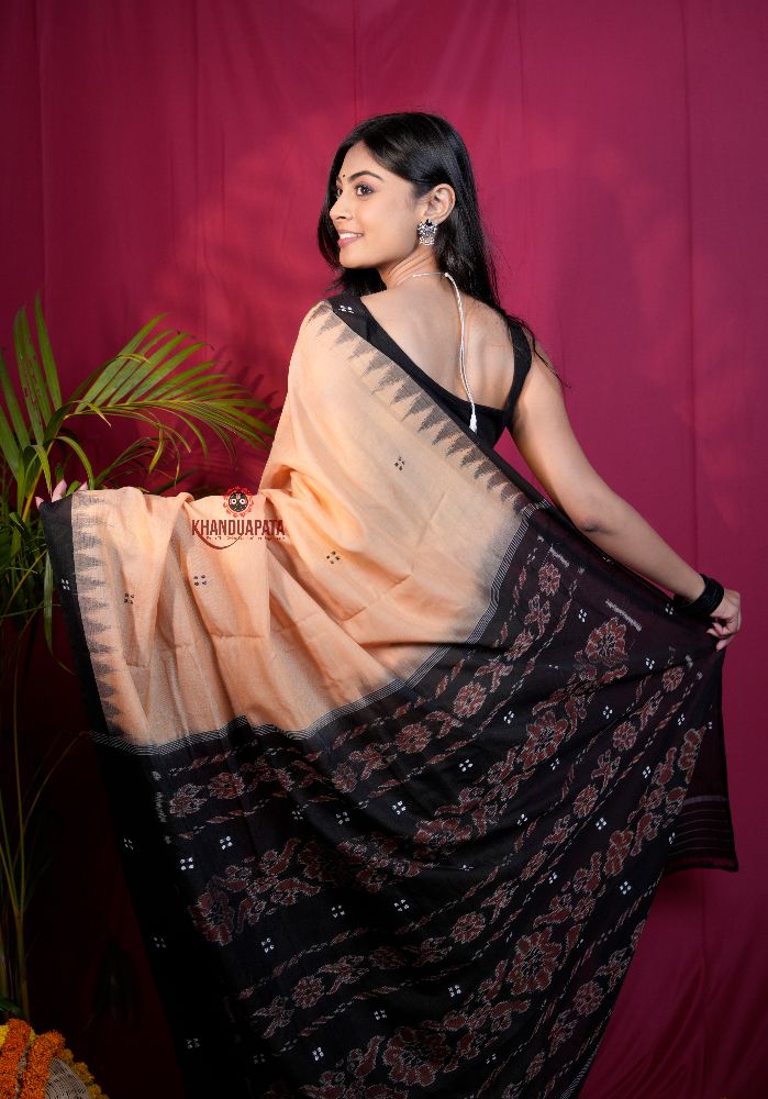 khanduapata Beige & Black Dot Design Cotton Saree For Women | Grocsy