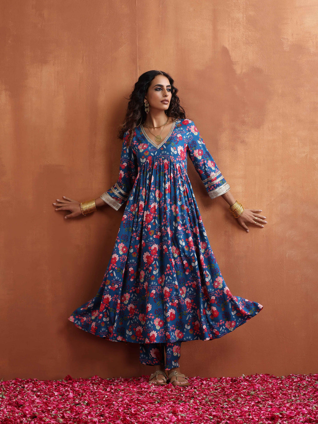 trueBrowns Blue Print Flared Anarkali Kurta Set | Grocsy
