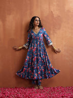 trueBrowns Blue Print Flared Anarkali Kurta Set | Grocsy