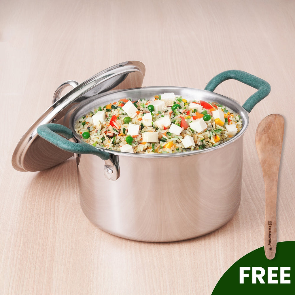 The Indus Valley TurboCuk Tri-ply Stainless Steel Biryani Cooking Pot/Casserole, Premium Quality, 3 Layer Thick Body, Cool Silicone Handles, 100% Toxin-free, Non-stick, Induction & Gas, Spatula, 2.9L | Grocsy