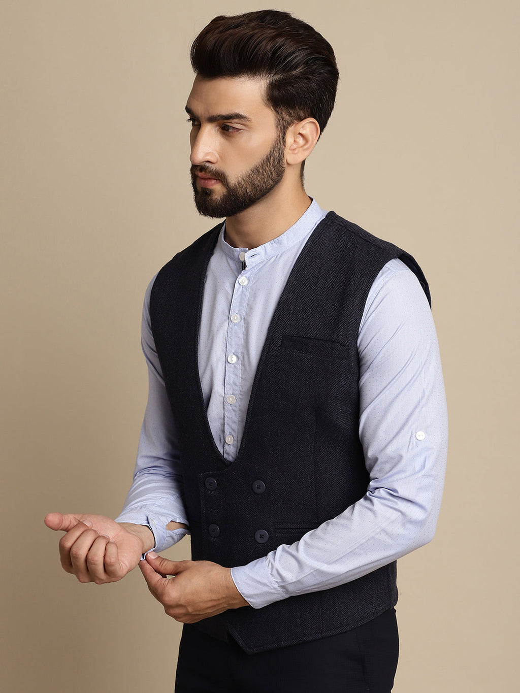 Even Apparels Men's Blue Woolen Double Breast Waistcoat | Grocsy
