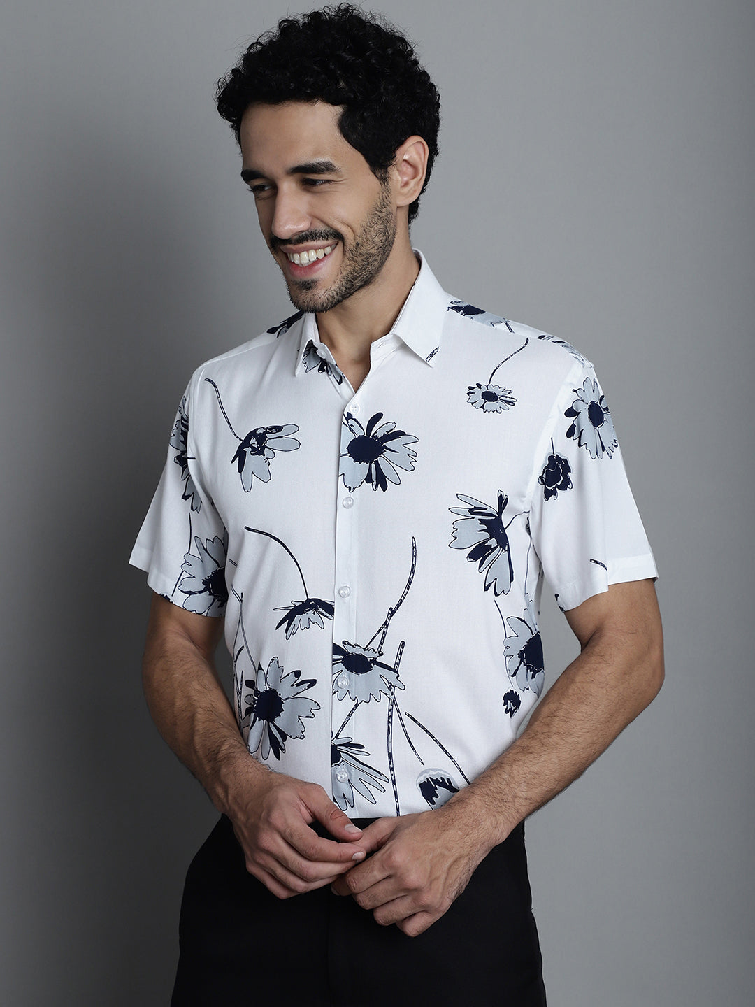 Jainish Men's Floral Printed Formal Shirts - White | Grocsy