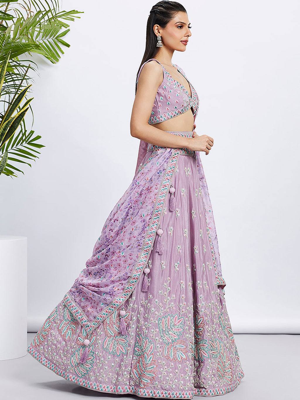 House of Panchhi Lavender Georgette Sequins And Thread Embroidery Lehenga Choli & Dupatta | Grocsy