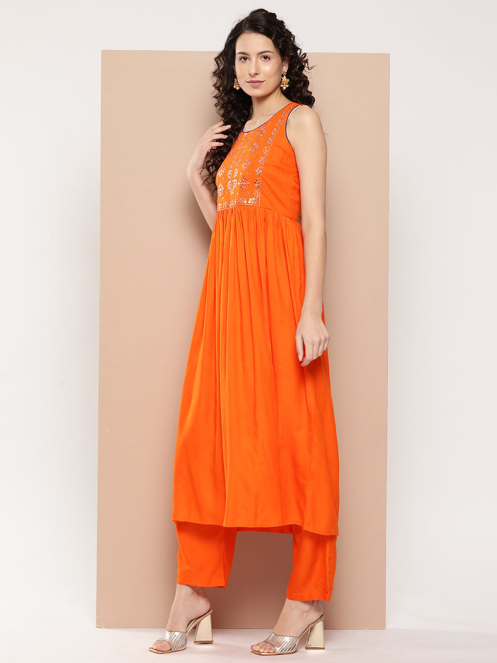 InWeave Women's Orange Mirror Work Aline Strappy Kurta Set Blue Fuchsia Or Dupatta | Grocsy