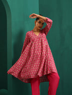 trueBrowns Pink Leaf Muslin Silk Printed Yoke Gathered Co-ord Set | Grocsy