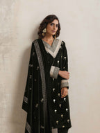trueBrowns Green Velvet Floral Embroidered Kurta Pant Dupatta Set | Grocsy