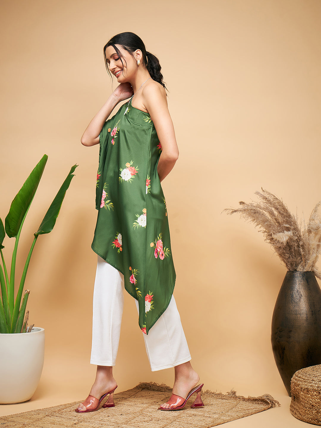 InWeave Women's Green Small Flower One Shoulder Kurta | Grocsy