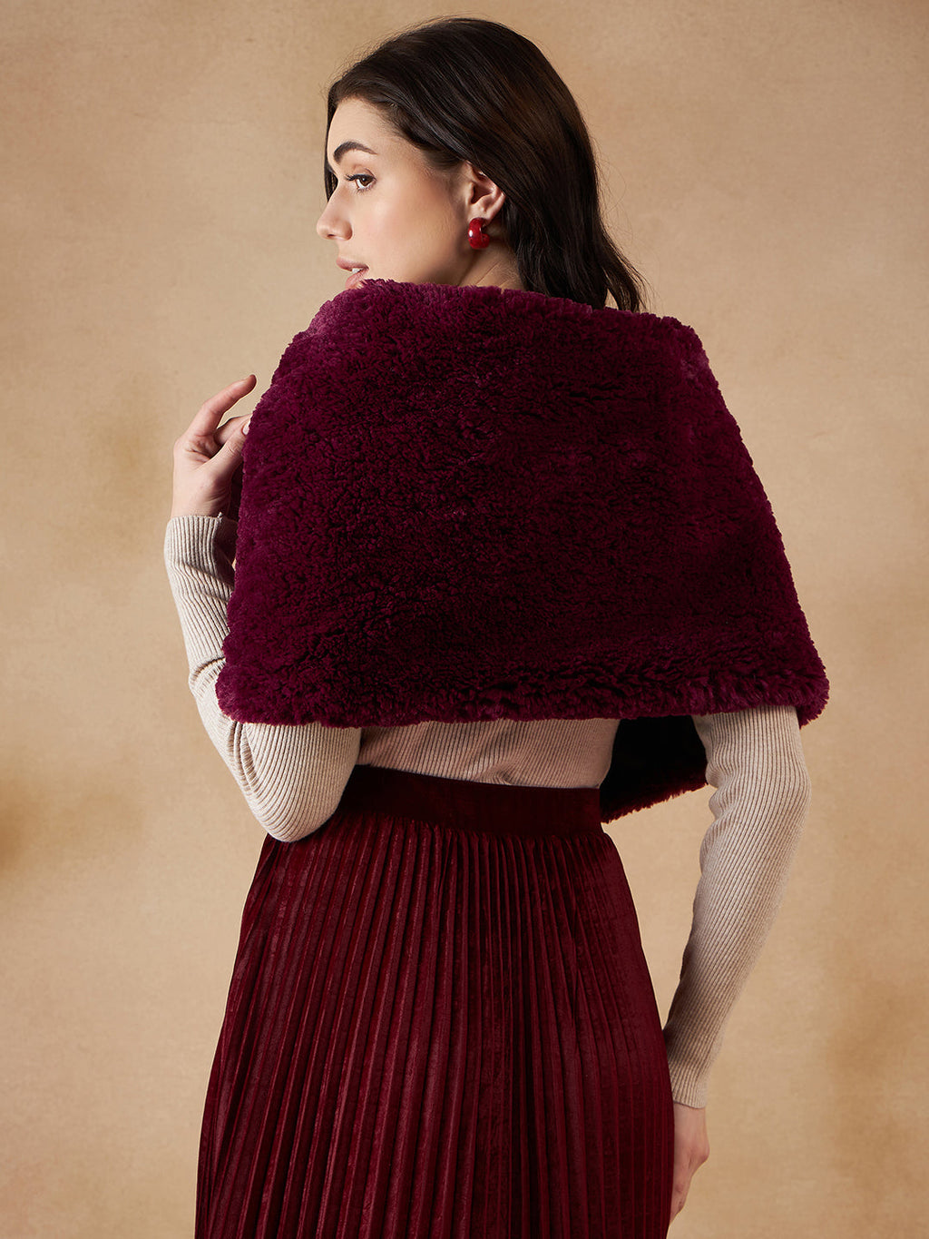 InWeave Women's Burgundy Long Faux Fur Cape | Grocsy