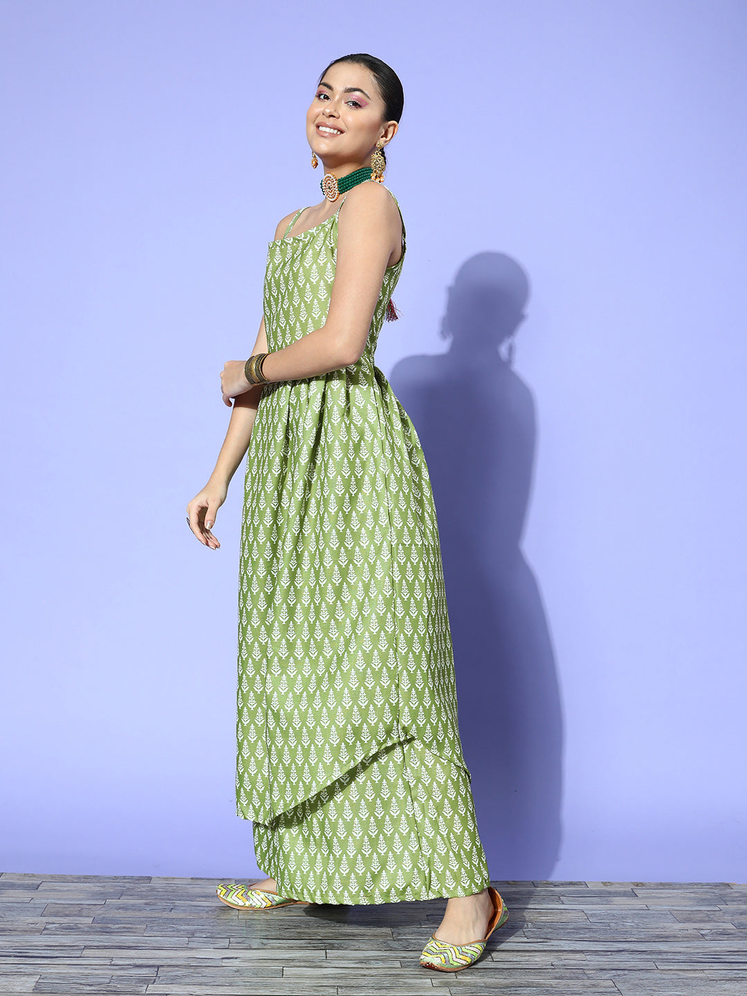 InWeave Women's Green Small Boota Print Strappy Set With Dupatta | Grocsy