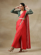 trueBrowns Red Bandhani Printed Silk Skirt Stitched Saree with Belt | Grocsy