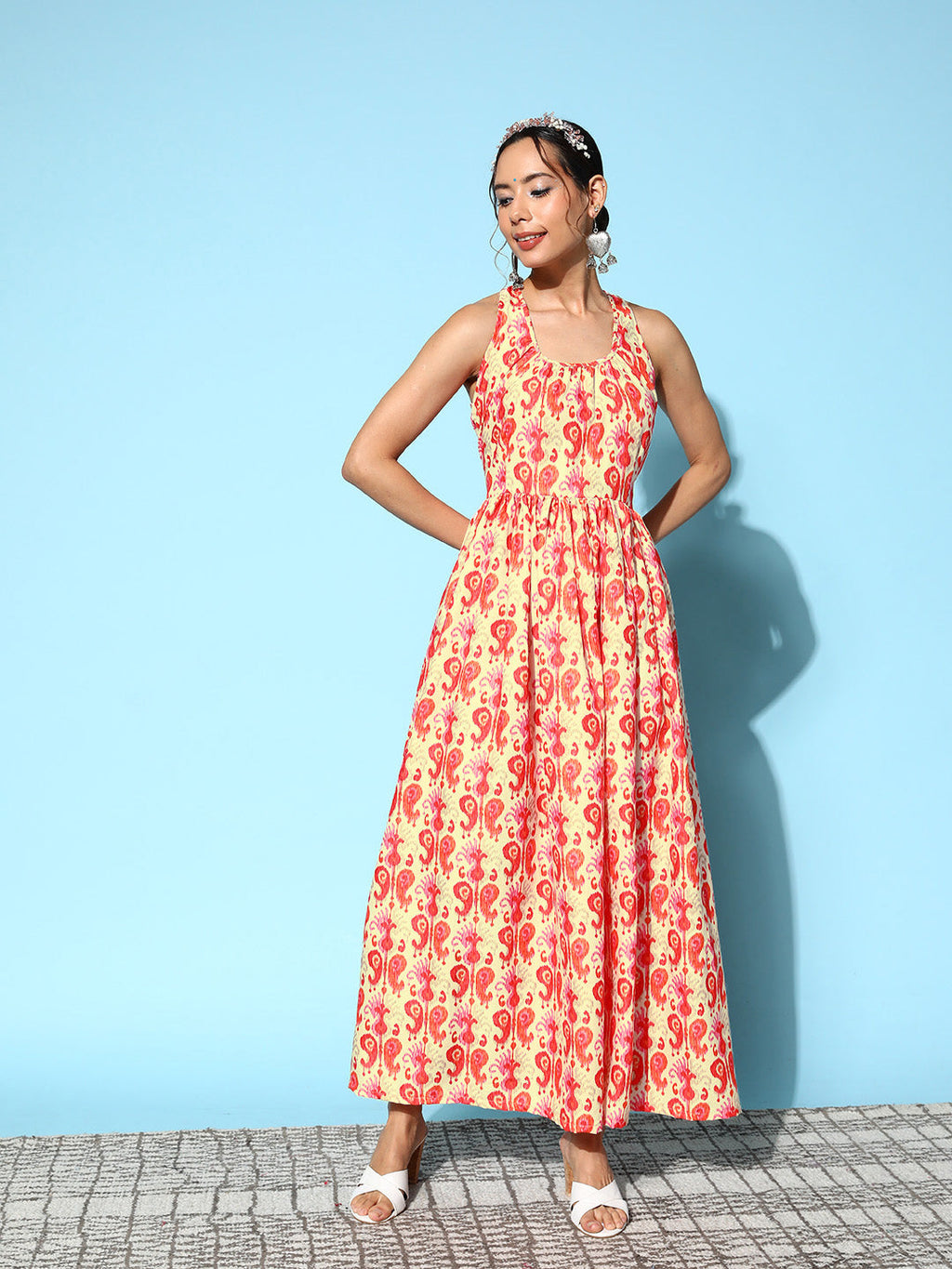 InWeave Women's Orange Paisley Print Raisa Back Detail Dress | Grocsy
