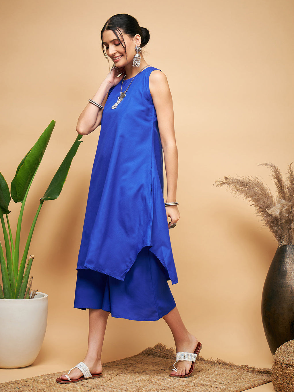 InWeave Women's Ink Blue Short Kurta Palazzo Set | Grocsy