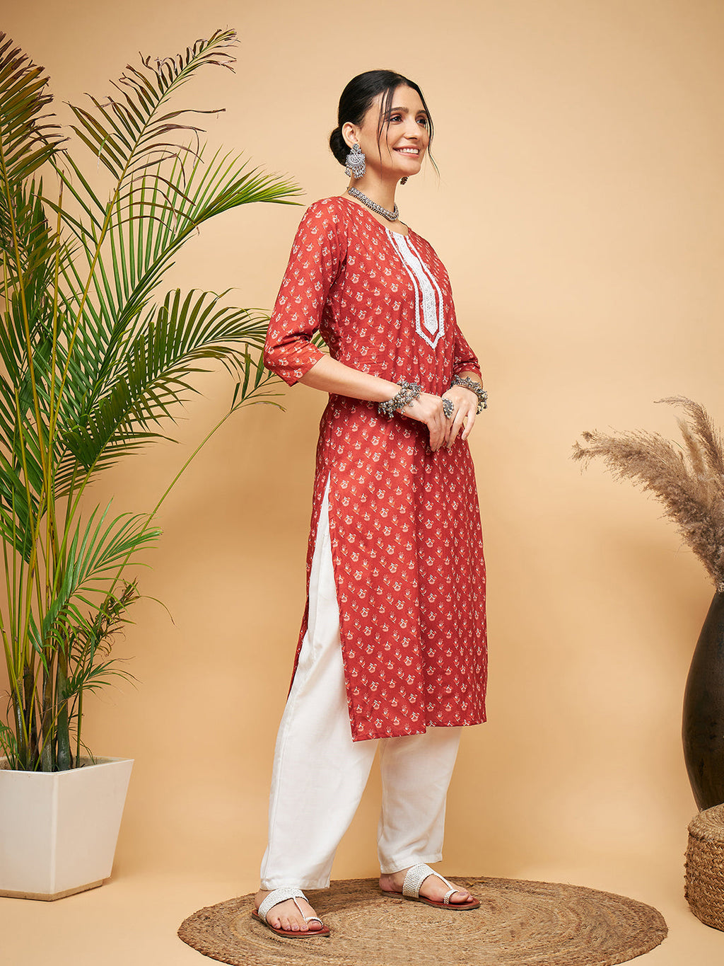 InWeave Women's Rust Small Floral Print Lace Straight Kurta | Grocsy