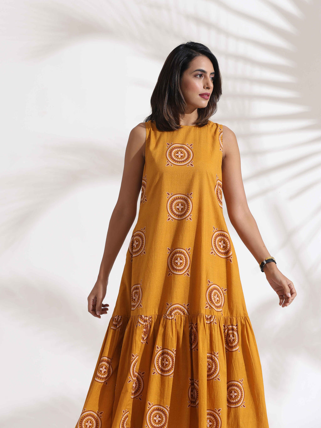 trueBrowns Mustard Cotton Print Tier Dress | Grocsy