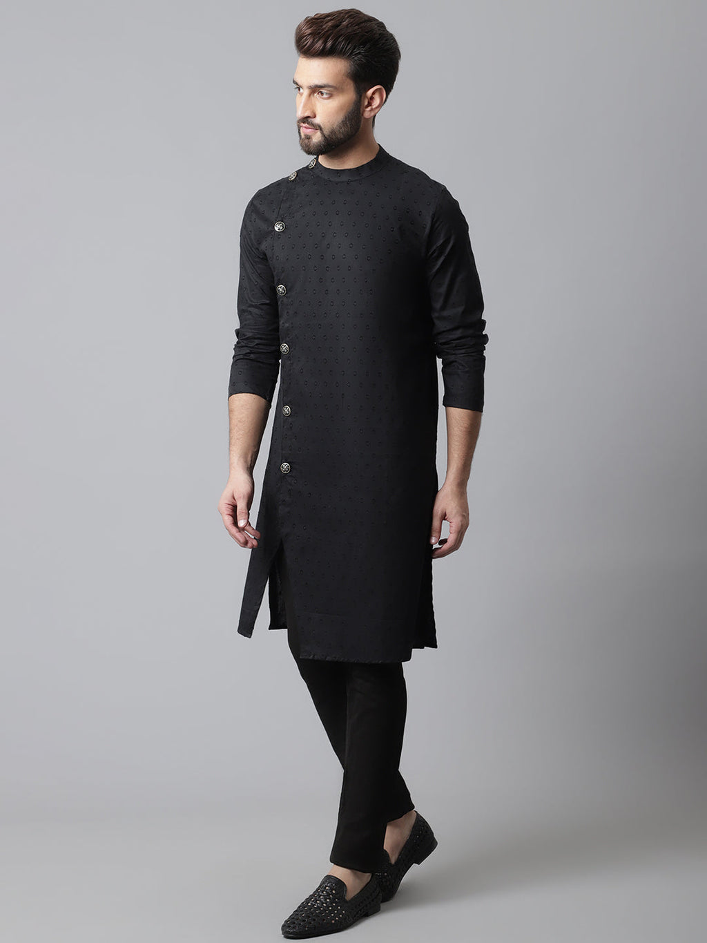 Even Apparels Black Sherwani Kurta With Asymetrical Cut | Grocsy