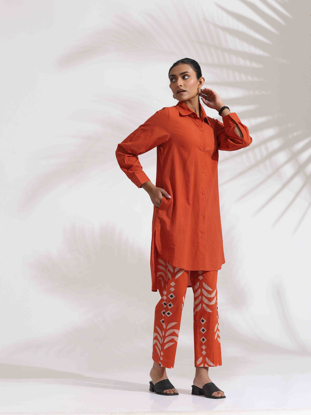 trueBrowns Orange Cotton Solid Shirt Kurta Co-ord Set | Grocsy