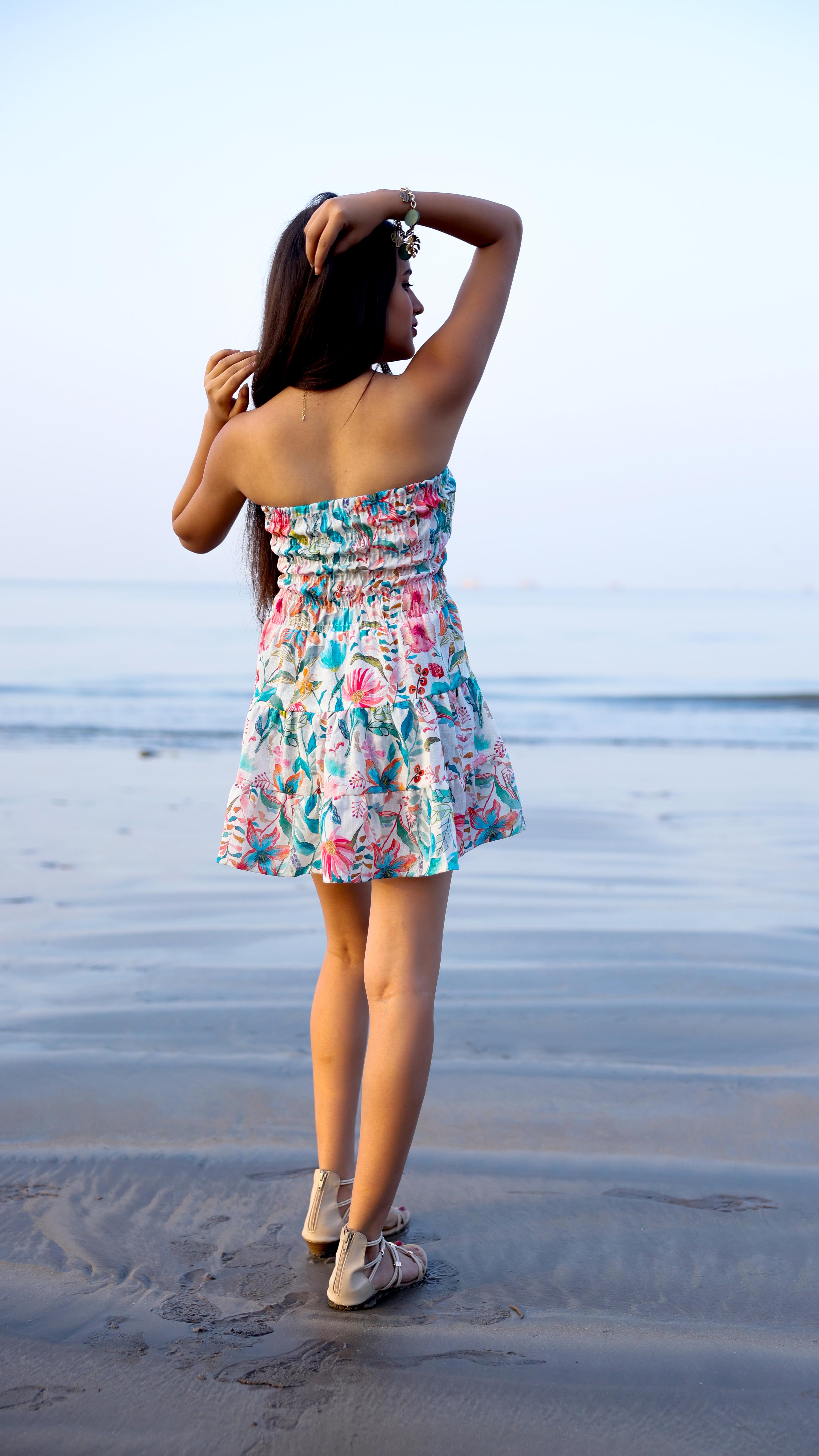 Noroke Linen Blue Floral Mini Tiered Dress - Printed | Grocsy