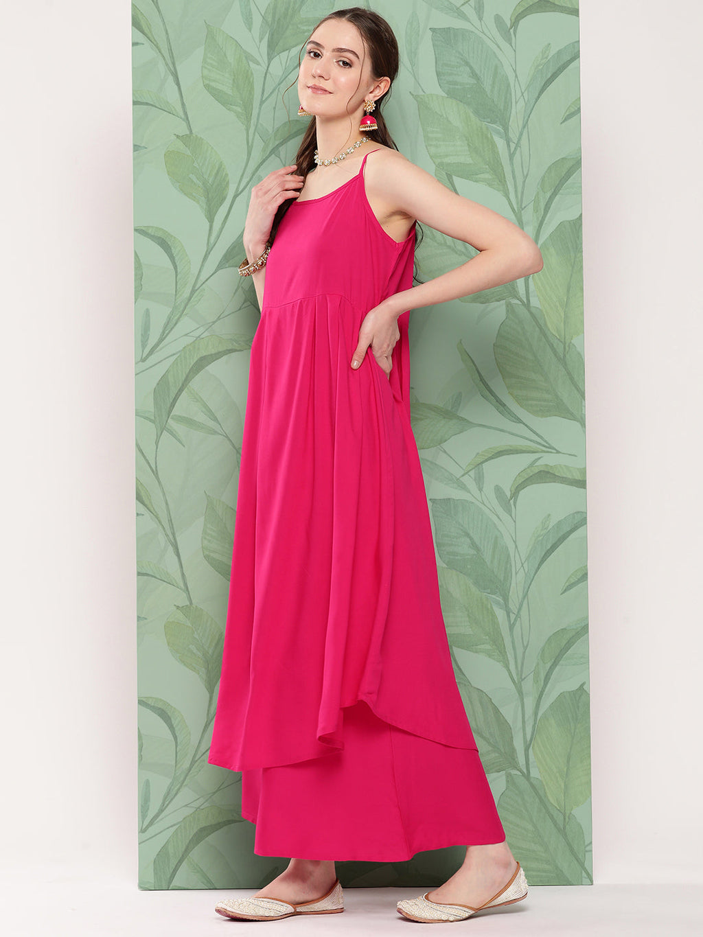 InWeave Women's Fuchsia Strappy Set W Dark Green Camelia Or Dupatta | Grocsy
