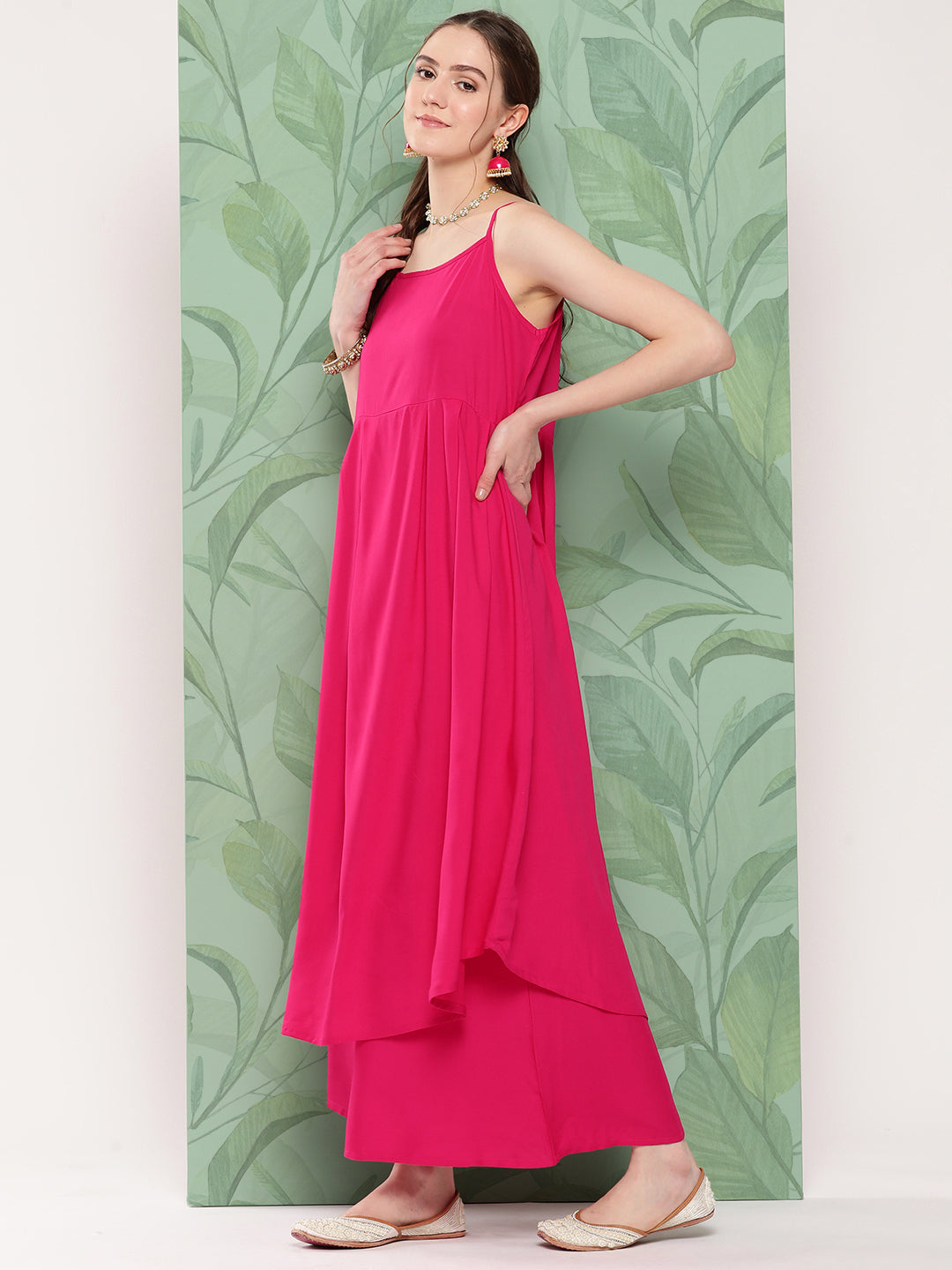 InWeave Women's Fuchsia Strappy Set W Dark Green Camelia Or Dupatta | Grocsy