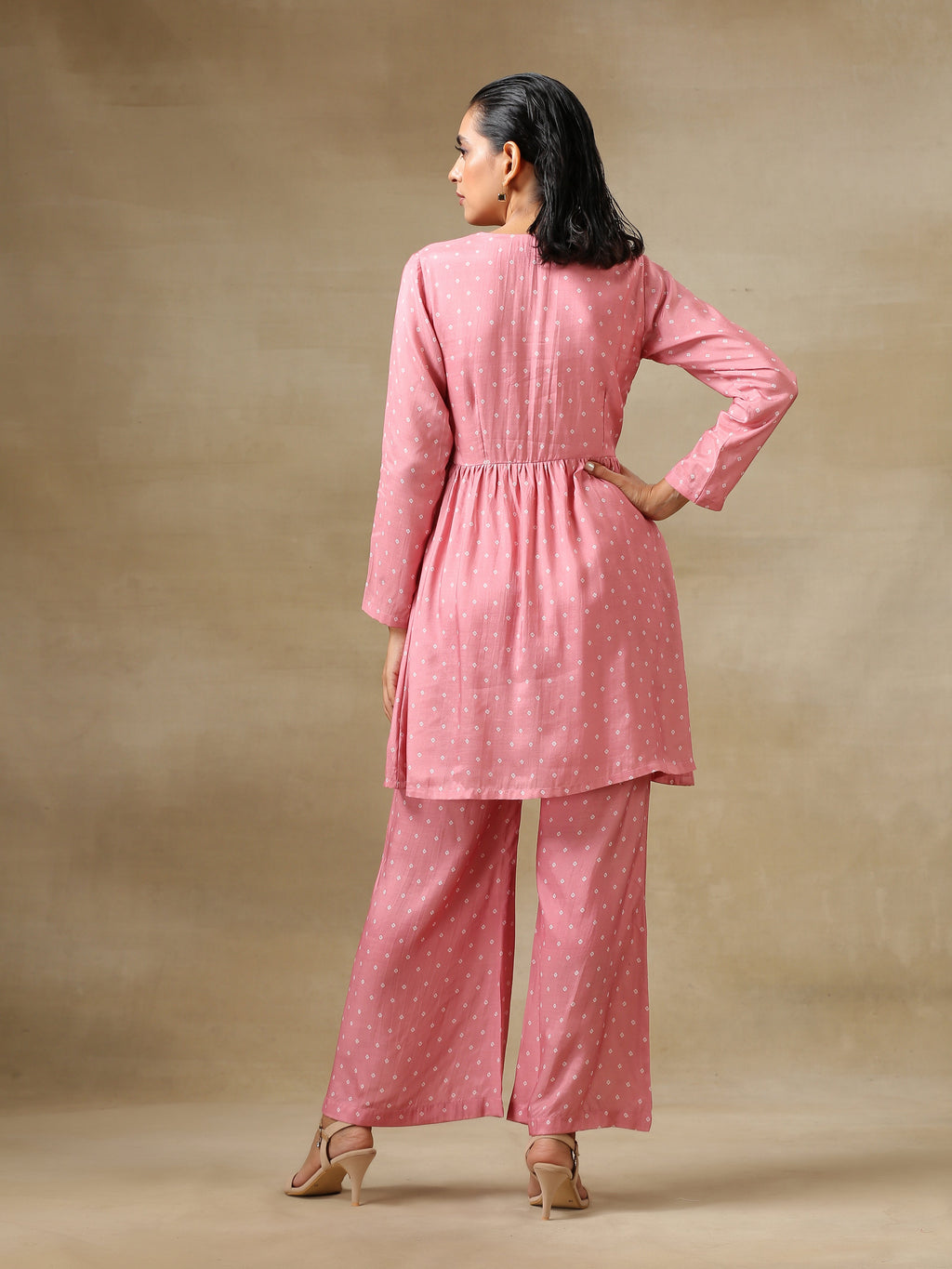 trueBrowns Light Mauve Bandhani Printed Silk Flared Kurta Pant Set | Grocsy