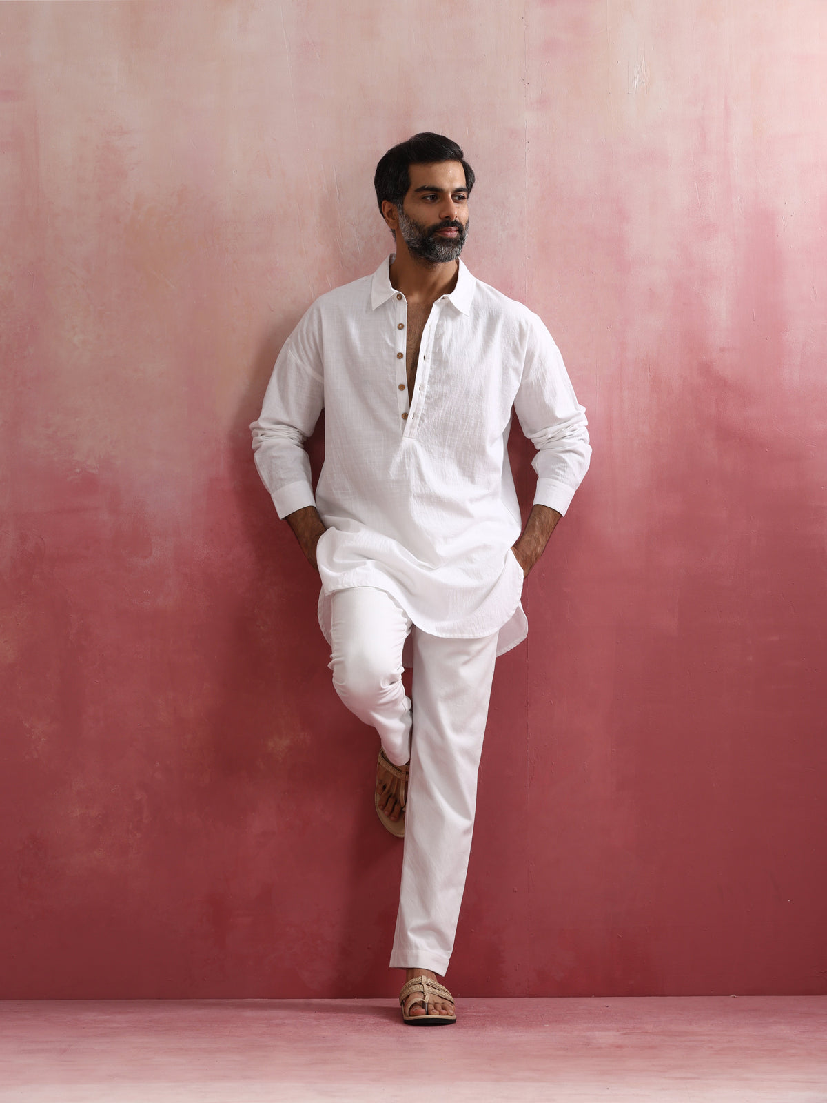 trueBrowns Men's White Cotton Shirt Collar Stylized Kurta Co-ord set | Grocsy