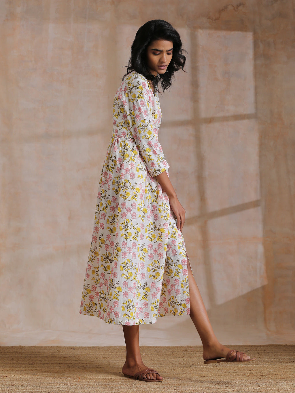 trueBrowns Pink Yellow Floral On White Block Print Cotton Wrap Dress | Relove | Grocsy