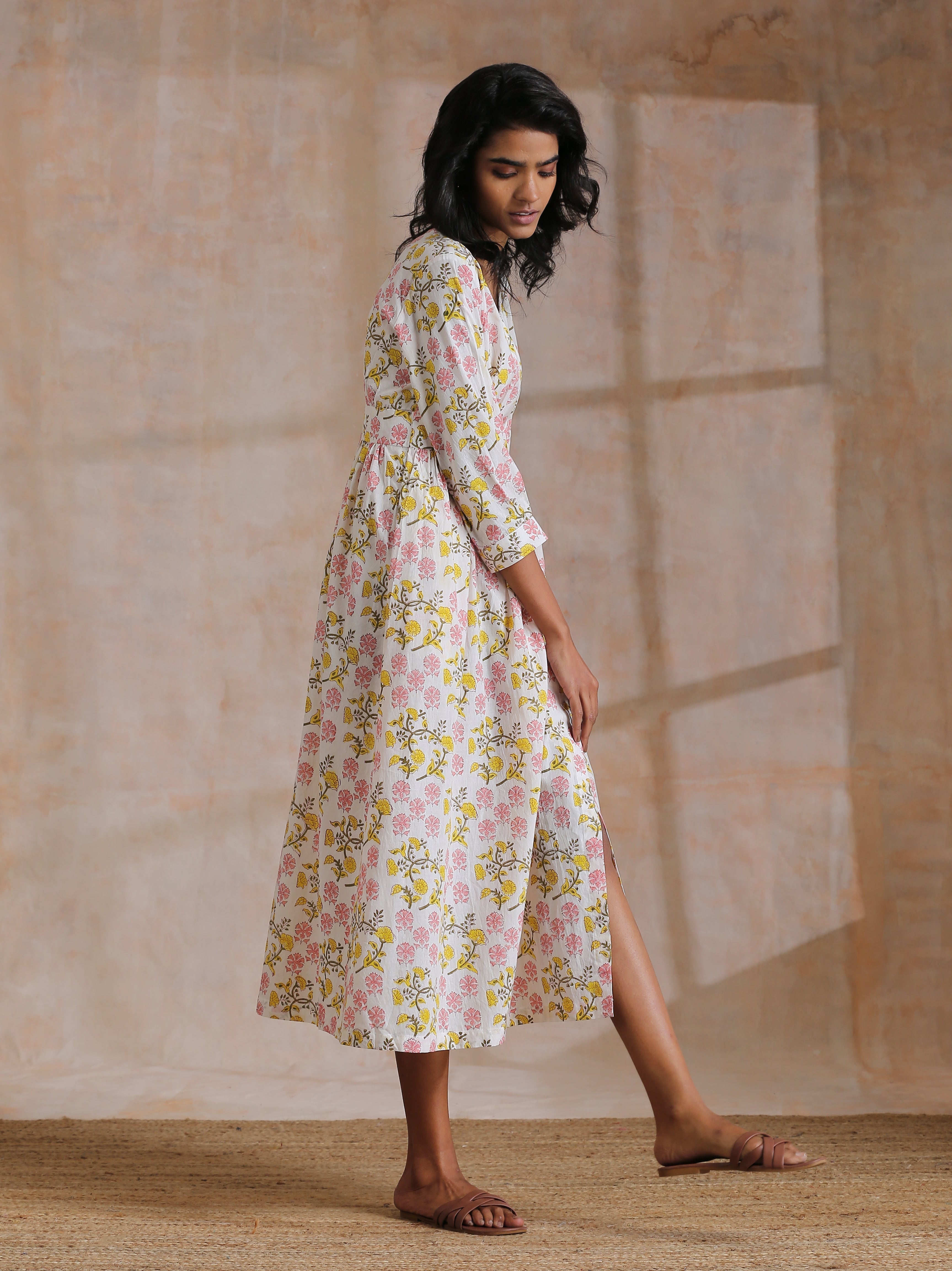 trueBrowns Pink Yellow Floral On White Block Print Cotton Wrap Dress | Relove | Grocsy