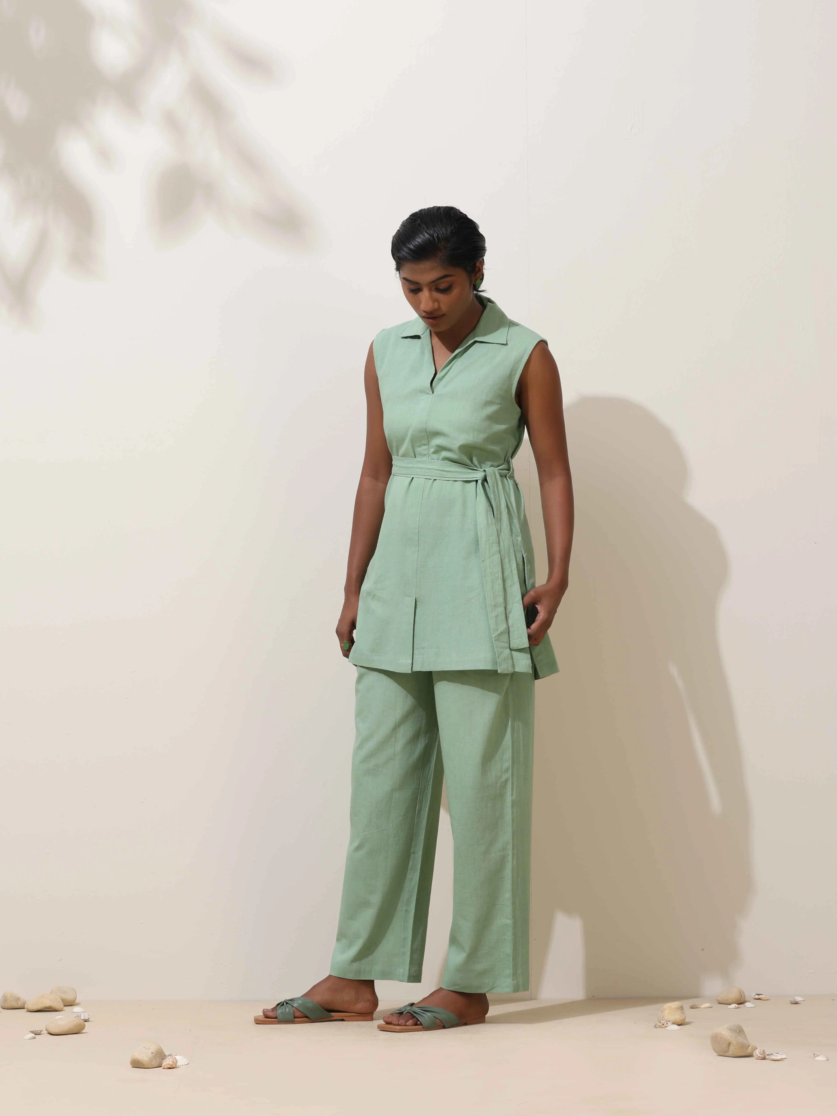 trueBrowns Mint Green Cotton Linen Co-Ord Set | Grocsy