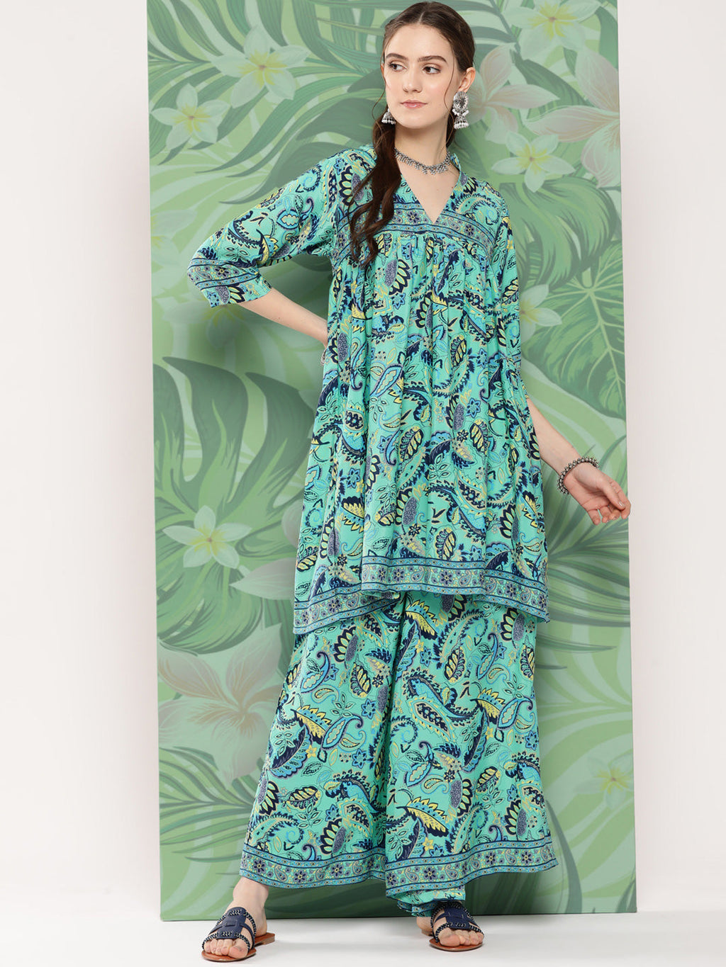 InWeave Women's Turquoise Blue Camelia Printed Ethnic Kurta Set | Grocsy