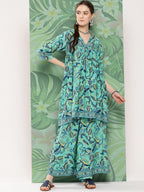 InWeave Women's Turquoise Blue Camelia Printed Ethnic Kurta Set | Grocsy