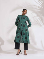 trueBrowns Green Cotton Print Front Slit Kurta Set | Grocsy