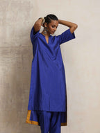 trueBrowns Blue Silk High Slit Kurta Set | Grocsy