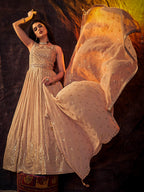 Myra Peach Real Georgette Designer Gown Style Suit | Grocsy
